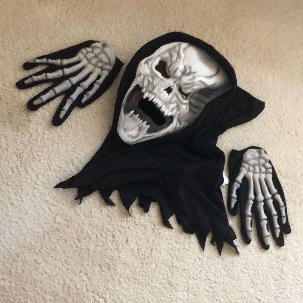 Grim Reaper  hooded skeleton mask and skeleton hands costume